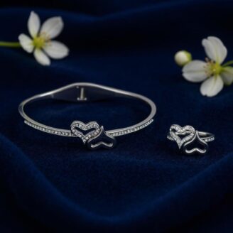 Twin Heart Sivler Sparkle Bracelet & Ring Set