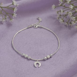 Silver Anklet with Crescent Moon Charm and Beads
