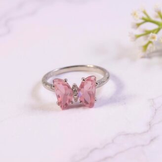 Butterfly Pink Stone Sterling Silver Ring