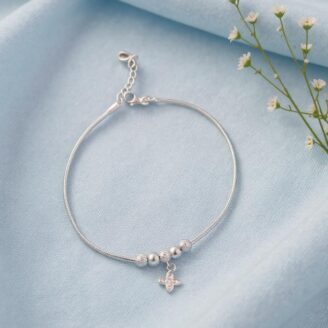 Silver Beaded Charm Anklet with Starburst Pendant