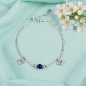 Blue Bead & Floral Charms Silver Anklet