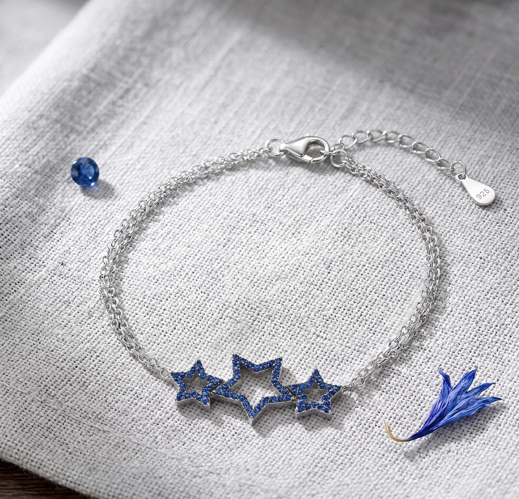 Triple Star Blue 925 Silver Bracelet by Arika Jewellers (3) Triple Star Blue 925 Silver Bracelet by Arika Jewellers