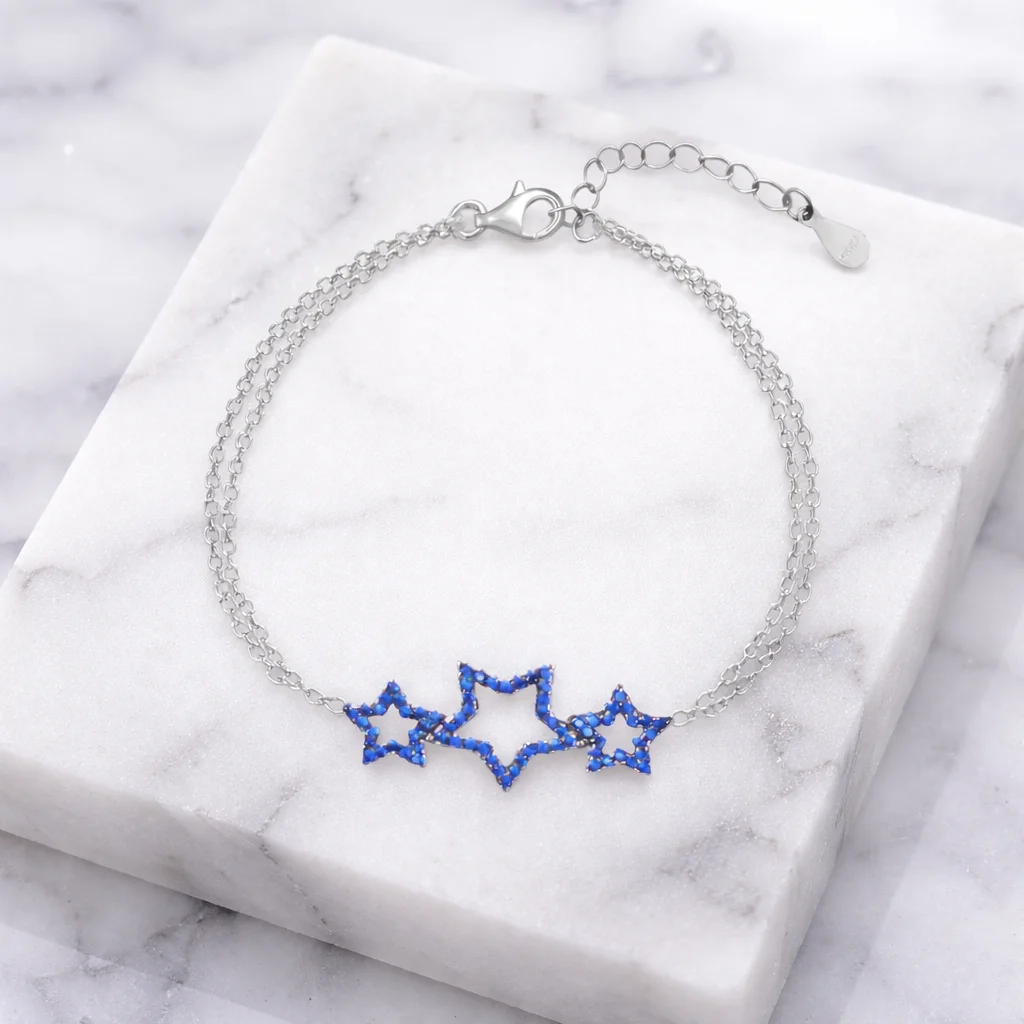 Triple Star Blue 925 Silver Bracelet by Arika Jewellers Triple Star Blue 925 Silver Bracelet by Arika Jewellers