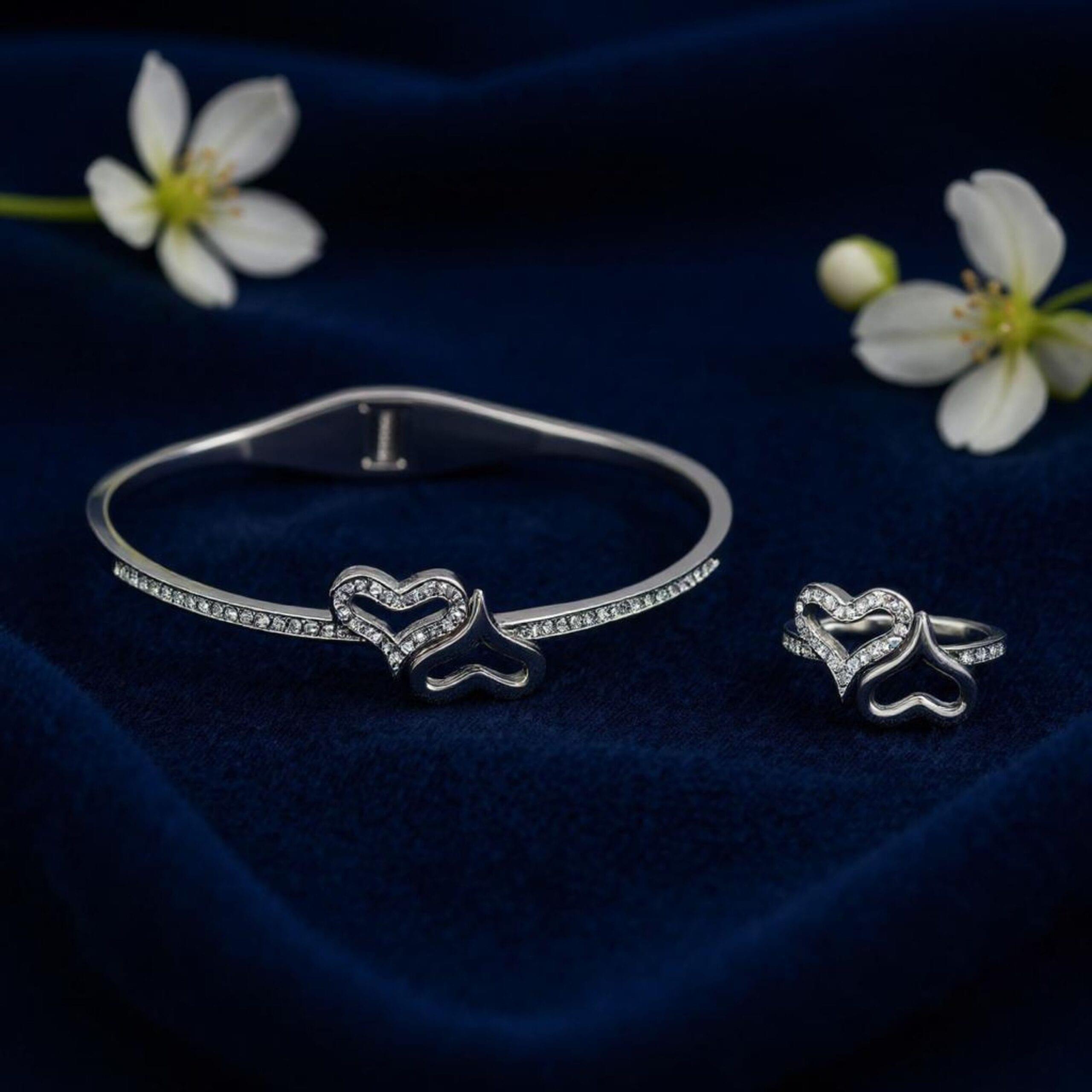 Arika Jewellers Twin Heart 925 Silver Sparkle Bracelet & Ring Set 1 Arika Jewellers Twin Heart 925 Silver Sparkle Bracelet & Ring Set
