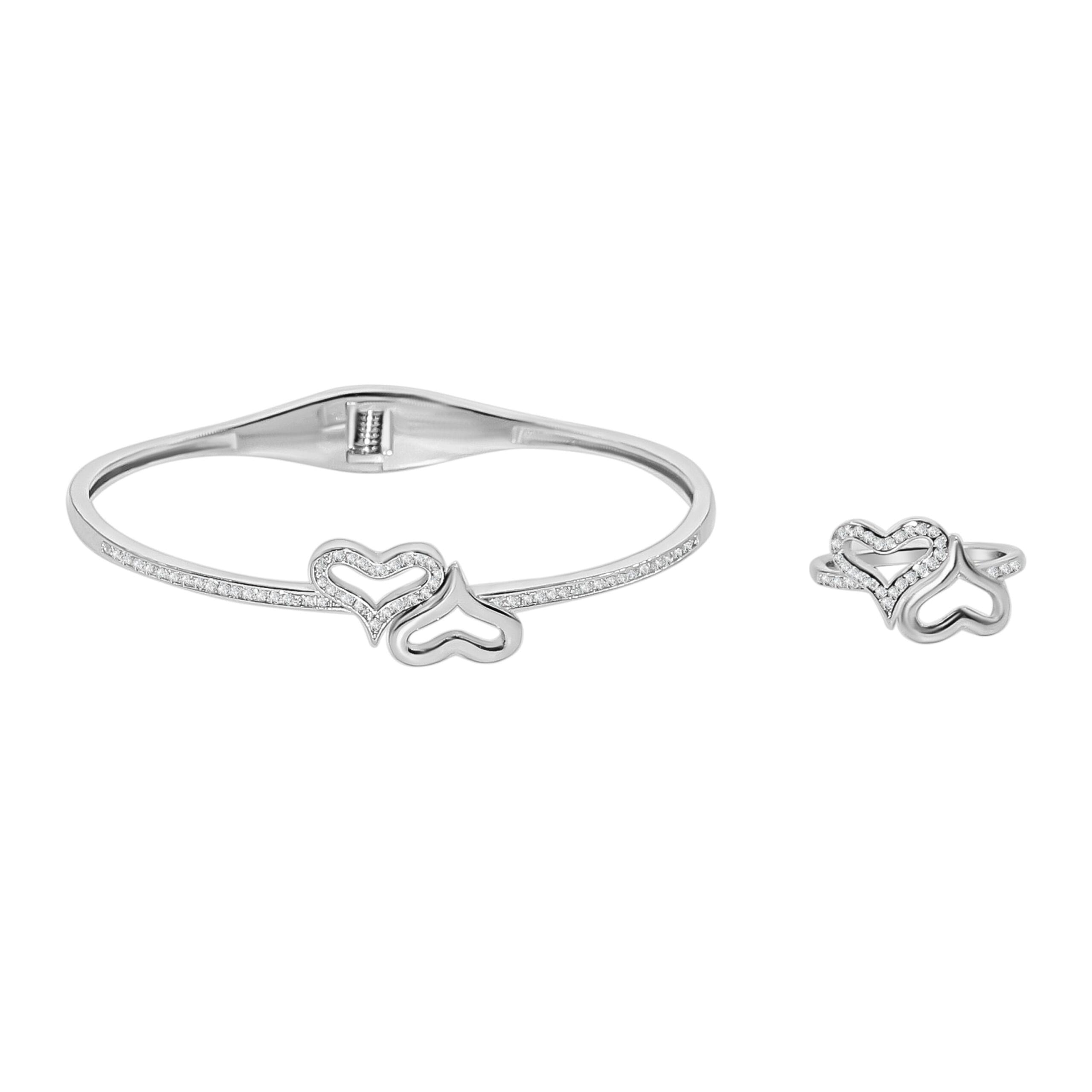 Arika Jewellers Twin Heart 925 Silver Sparkle Bracelet & Ring Set Arika Jewellers Twin Heart 925 Silver Sparkle Bracelet & Ring Set