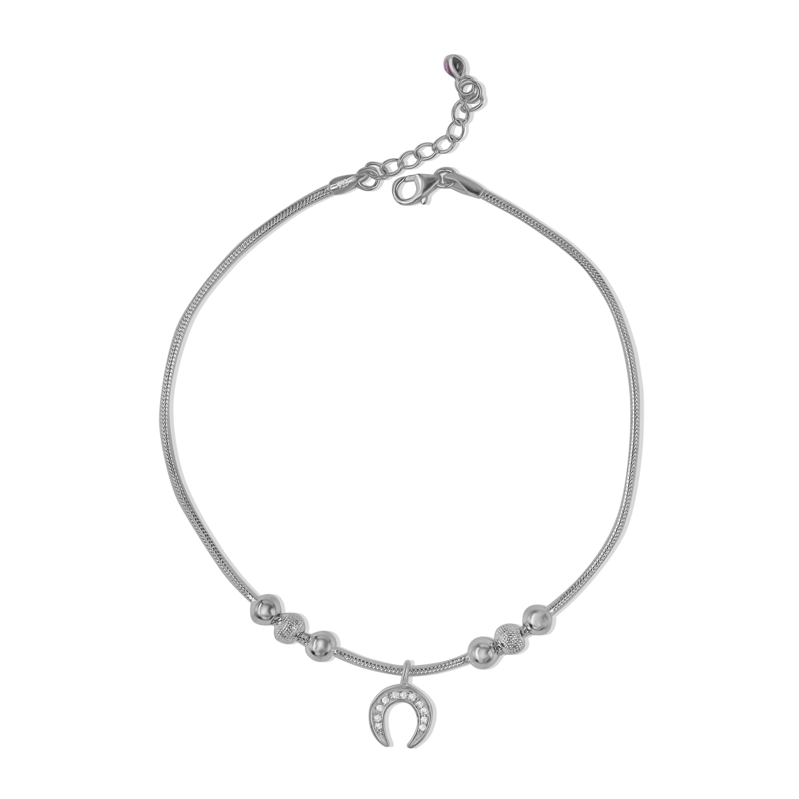 Arika Jewellers 925 Silver Anklet with Crescent Moon Charm and Beads 1 Arika Jewellers 925 Silver Anklet with Crescent Moon Charm and Beads