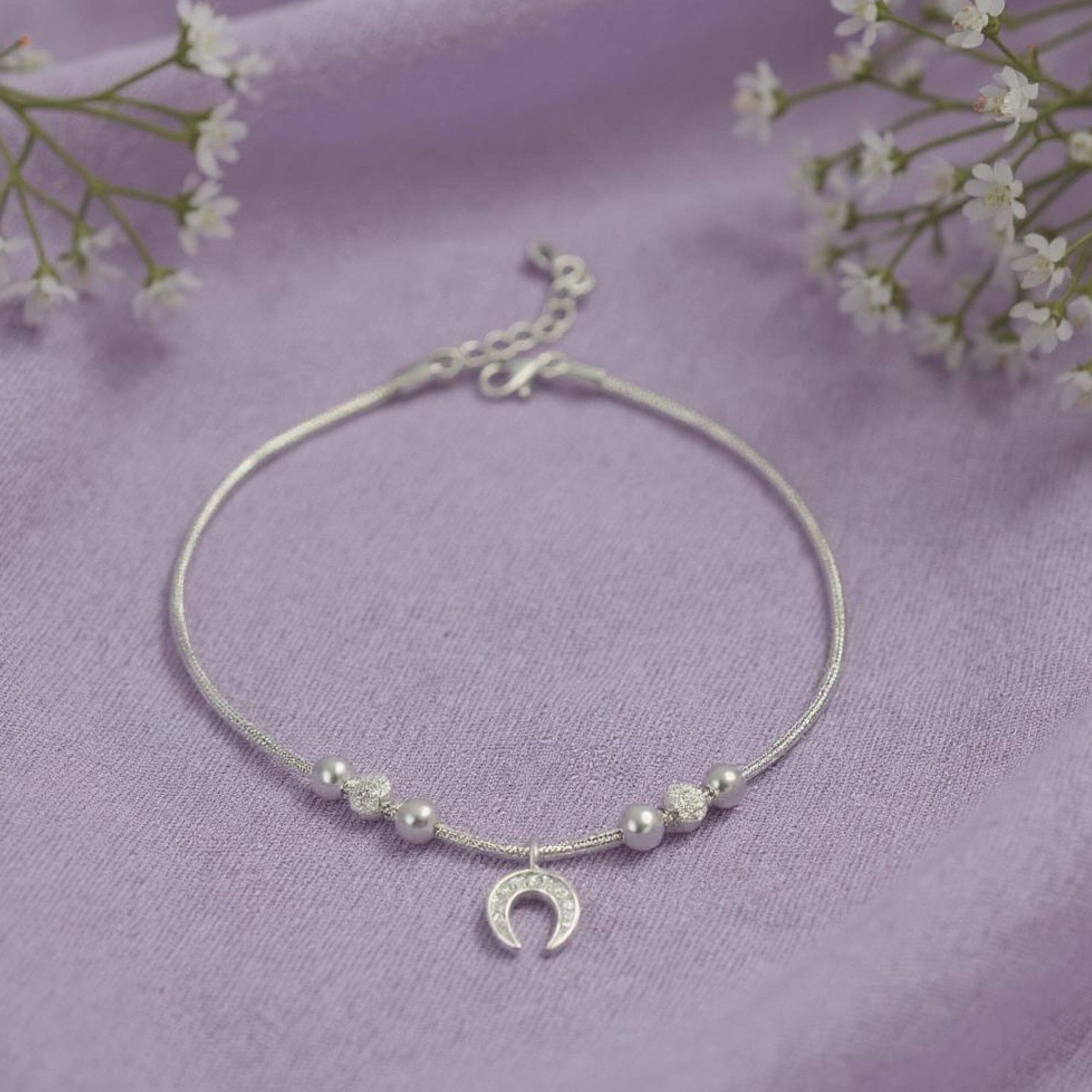Arika Jewellers 925 Silver Anklet with Crescent Moon Charm and Beads (2) Arika Jewellers 925 Silver Anklet with Crescent Moon Charm and Beads