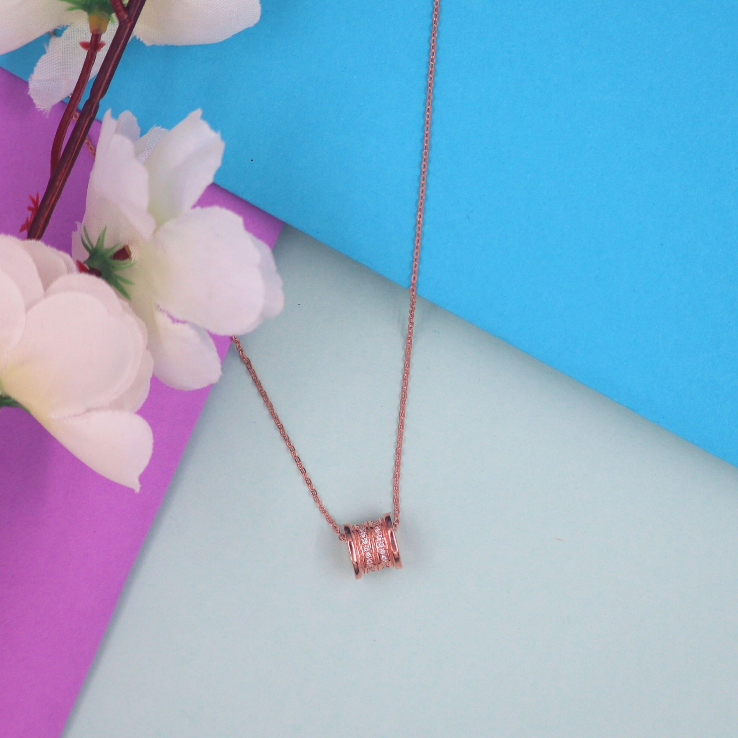 Arika Jewellers Elegant Rose Gold Cylinder Pendant Necklace (1) Arika Jewellers Elegant Rose Gold Cylinder 925 Silver Pendant Necklace