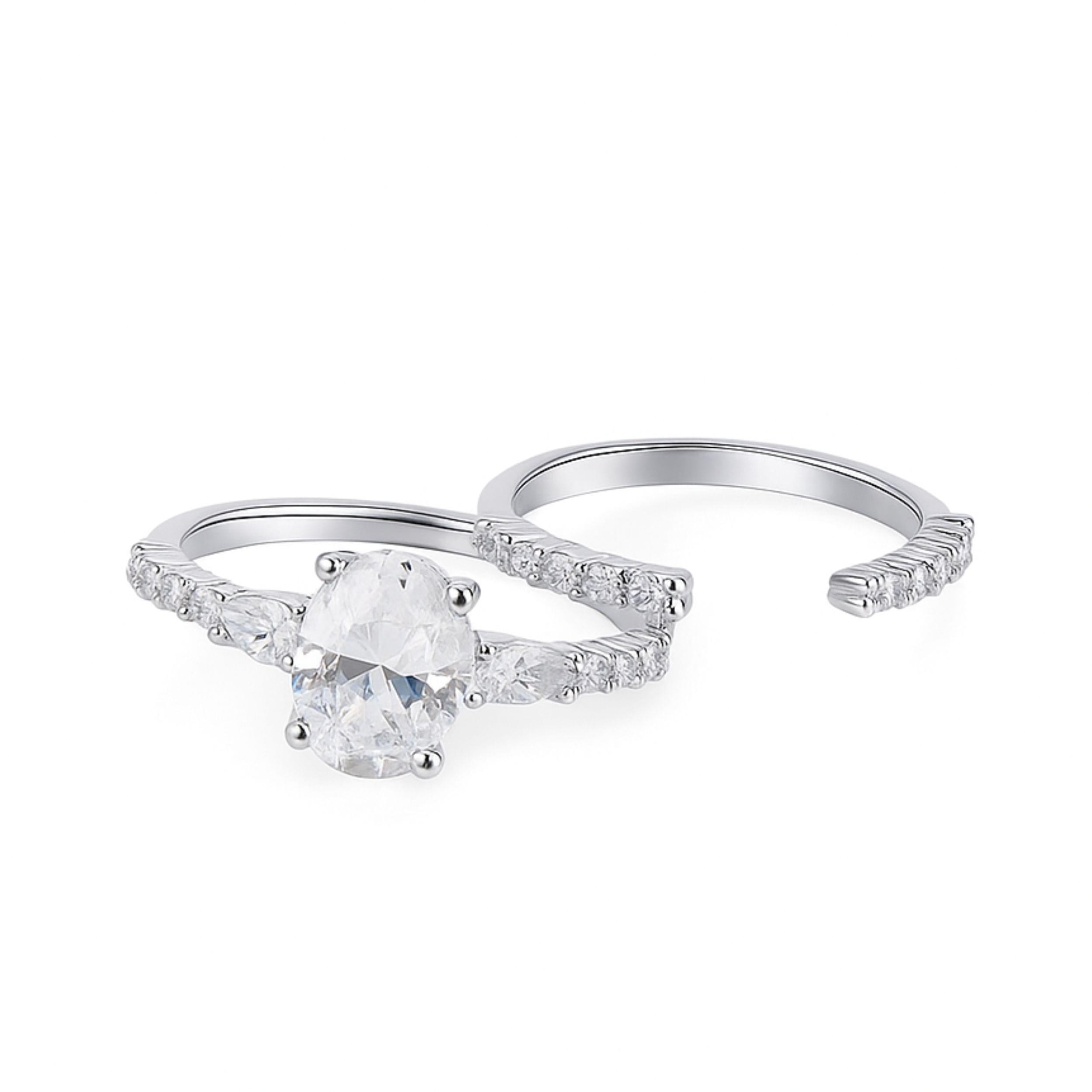 Arika Jewellers Silver Oval Cut Engagement Ring Set with Pave Band (2) Arika Jewellers Silver Oval Cut Engagement Ring Set with Pave Band