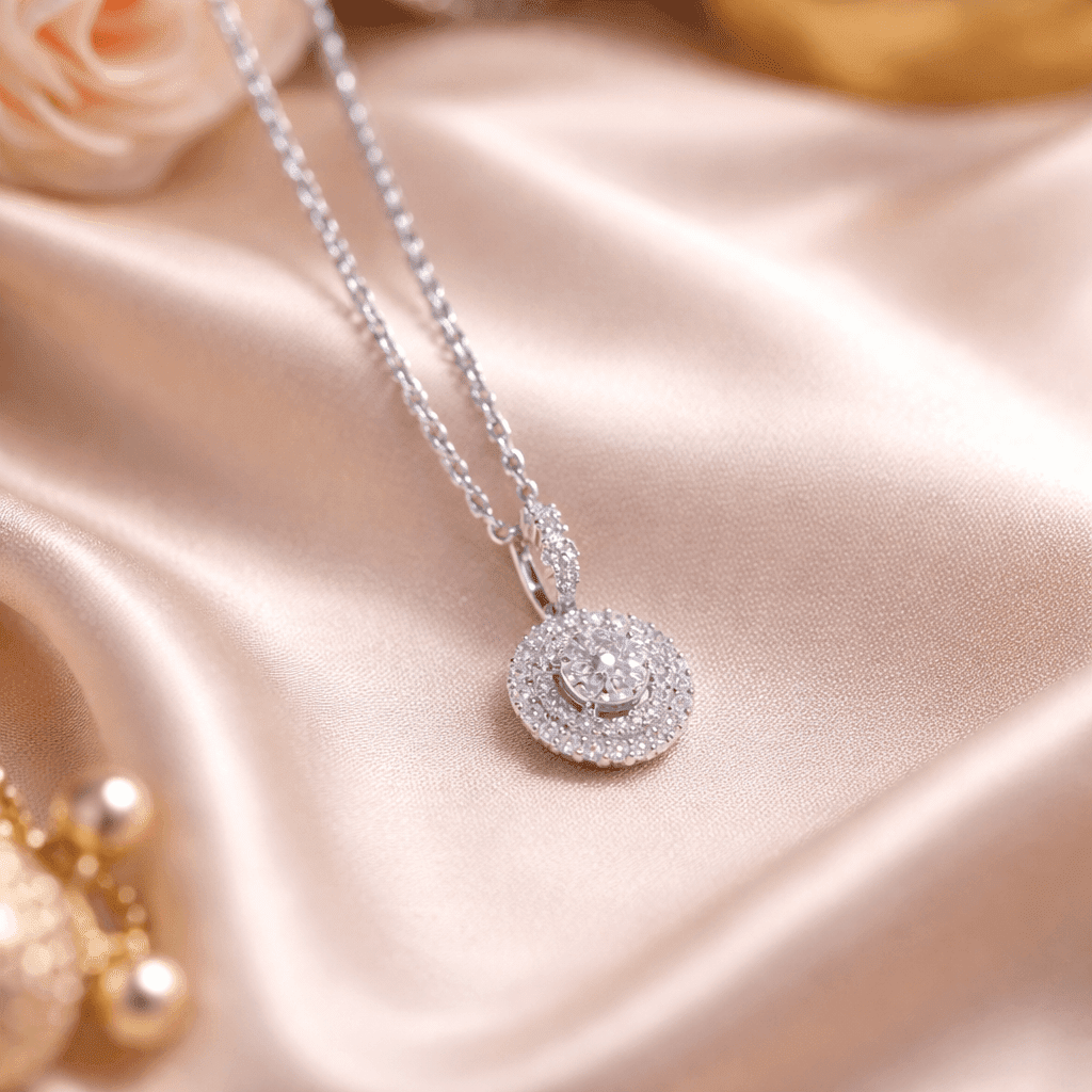 Arika Jewellers Solitaire Oval Halo Silver Necklace (1) Arika Jewellers Solitaire Oval Halo Silver Necklace (1)