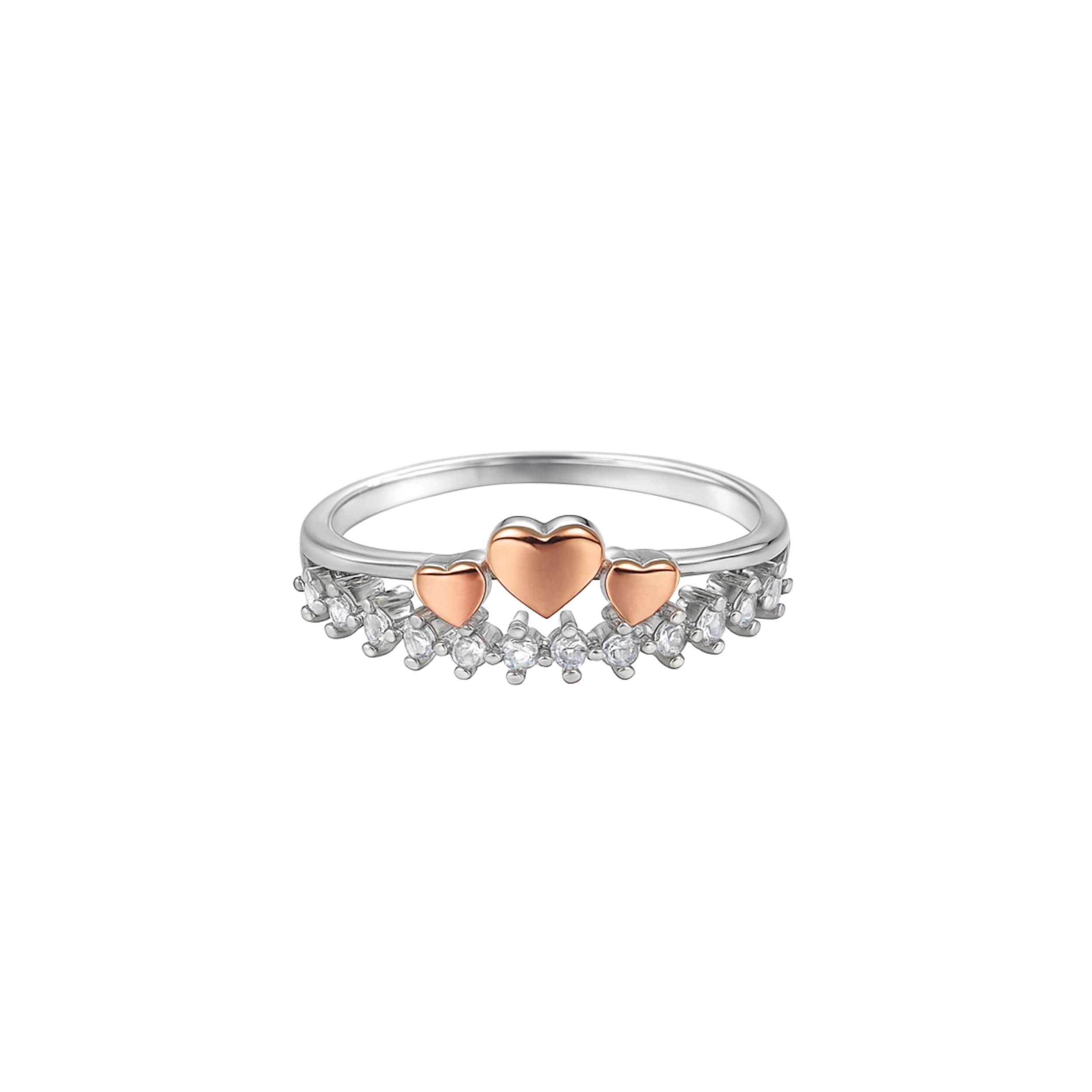Arika Jewellers 925 Sterling Silver Ring with Rose Gold Hearts and Crystal Accents (2) Arika Jewellers 925 Sterling Silver Ring with Rose Gold Hearts