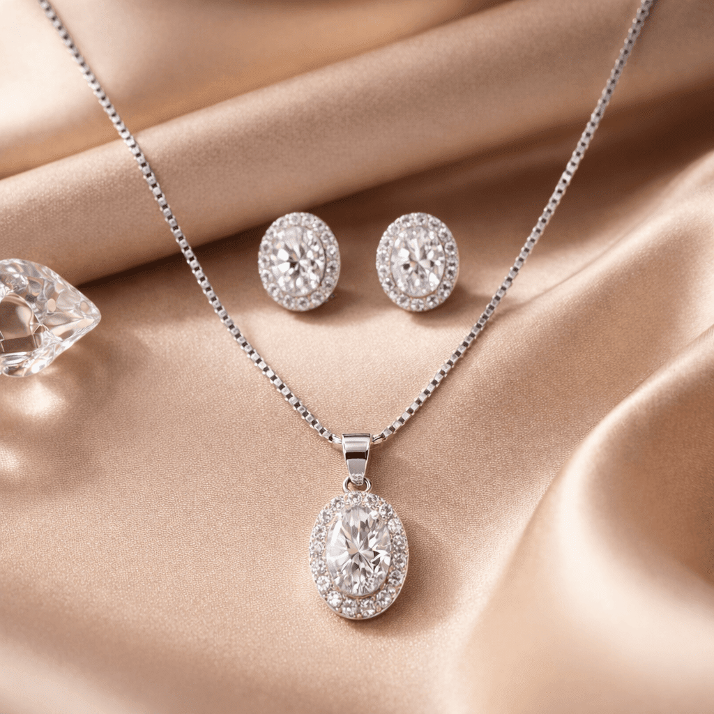 Arika Jewellers Crystal Oval Silver Jewellery Set (1) Crystal Oval Silver Jewellery Set with Halo Pendant and Earrings by Arika Jewellers