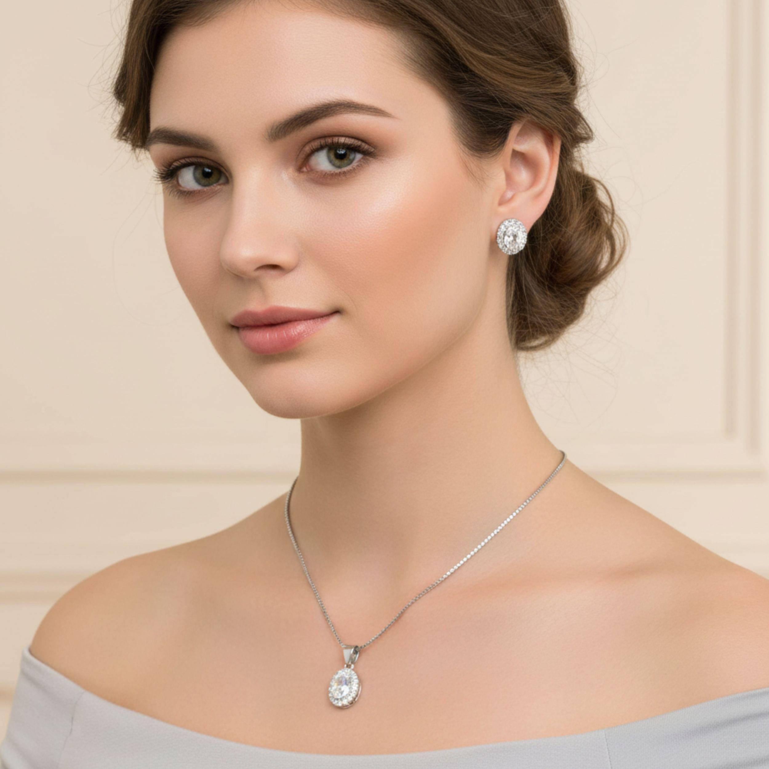 Arika Jewellers Crystal Oval Silver Jewellery Set (2) Crystal Oval Silver Jewellery Set with Halo Pendant and Earrings by Arika Jewellers